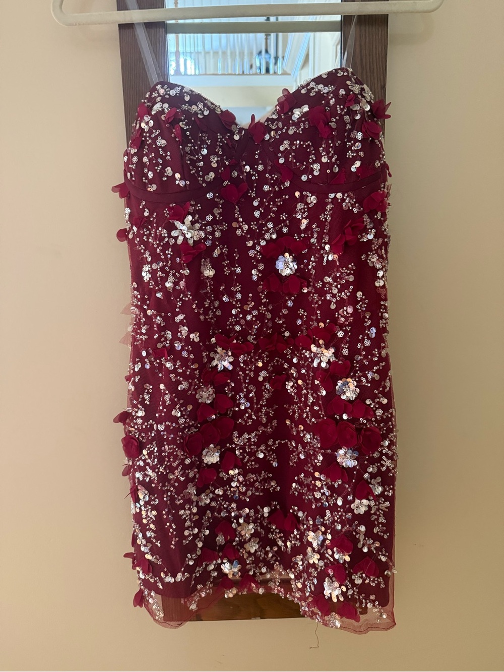 Embellished  burgundy red  Dress with 3D Floral Appliqué never worn new with tag